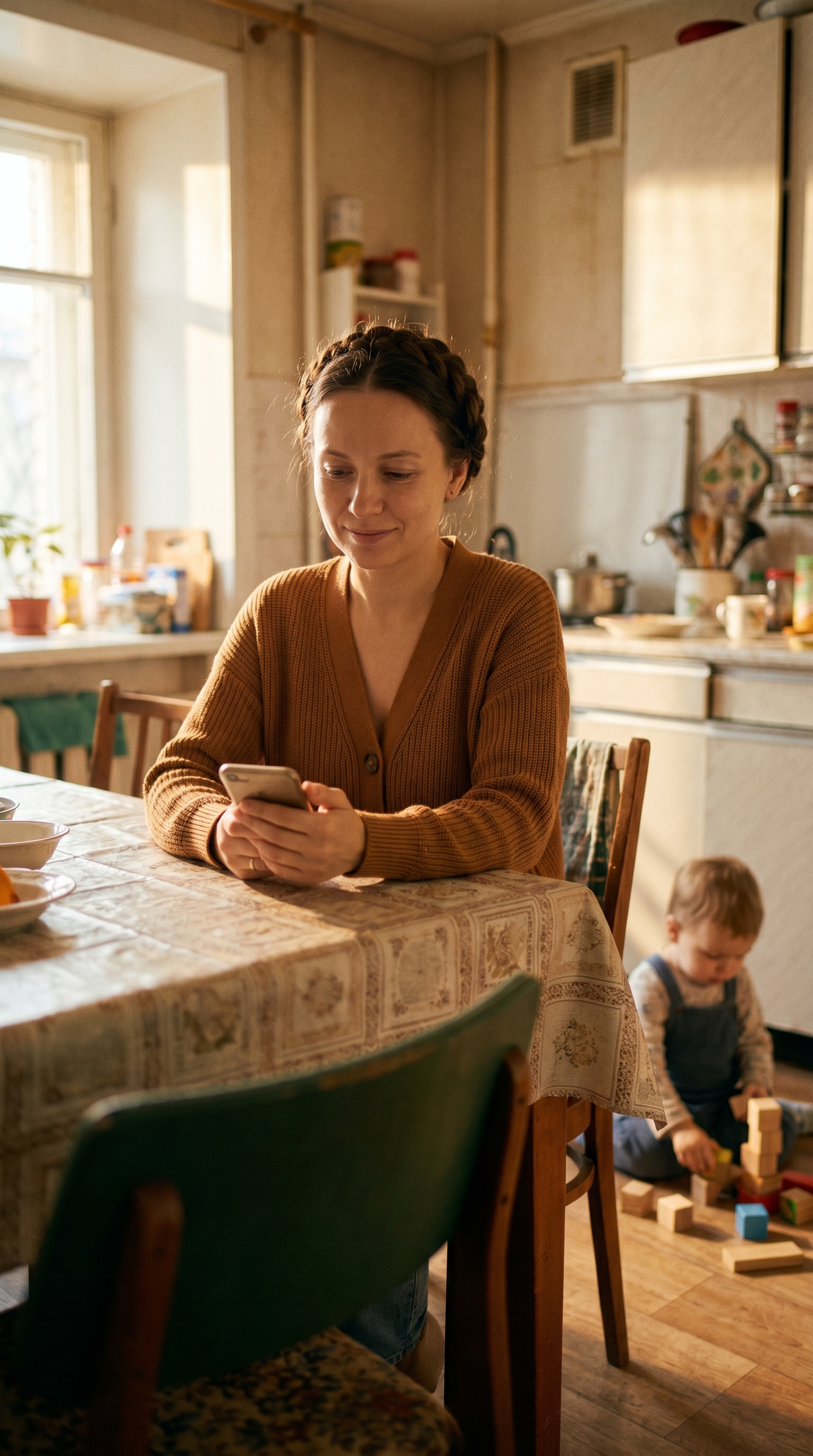 Мама работает за ноутбуком, ребёнок играет рядом — работа в декрете без потери пособия